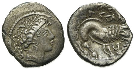 Celtic, Southern Gaul. Insubres, Drachm, 2nd century BC. AR (g 2,22; mm 15; h 2). Imitating Massalia. Wreathed head of female r.; Rv. Lion standing r. BMC 3-6. Good very fine