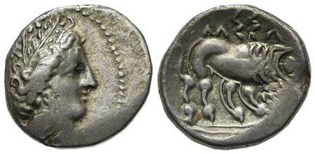 Celtic, Southern Gaul. Insubres, Drachm, 2nd century BC. AR (g 3,13; mm 16; h 3). Imitating Massalia. Wreathed head of female r.; Rv. Lion standing r. BMC 3-6. Very fine