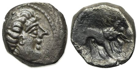 Celtic, Southern Gaul. Insubres, Drachm, 2nd century BC. AR (g 2,56; mm 13; h 9). Imitating Massalia. Wreathed head of female r.; Rv. Lion standing r. BMC 3-6. Very fine