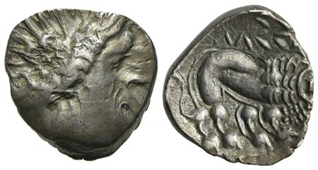 Celtic, Southern Gaul. Insubres, Drachm, 2nd century BC. AR (g 2,50; mm 14,5; h 12). Imitating Massalia. Wreathed head of female r.; Rv. Lion standing r. BMC 3-6. Very fine