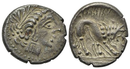Celtic, Southern Gaul. Insubres, Drachm, 2nd century BC. AR (g 2,45; mm 16,5; h 3). Imitating Massalia. Wreathed head of female r.; Rv. Lion standing r. BMC 3-6. Very fine