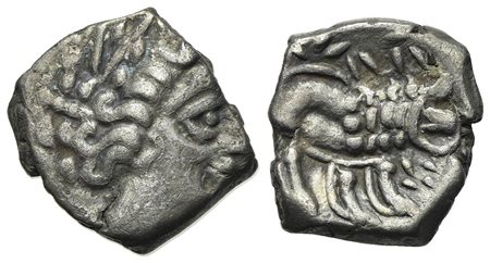 Celtic, Southern Gaul. Insubres, Drachm, 2nd century BC. AR (g 2,10; mm 13; h 12). Imitating Massalia. Wreathed head of female r.; Rv. Lion standing r. BMC 3-6. Near very fine