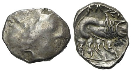 Celtic, Southern Gaul. Insubres, Drachm, 2nd century BC. AR (g 3,01; mm 14; h 3). Imitating Massalia. Wreathed head of female r.; Rv. Lion standing r. BMC 3-6. Near very fine