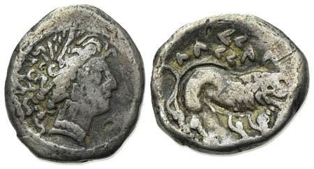 Celtic, Southern Gaul. Insubres, Drachm, 2nd century BC. AR (g 2,76; mm 14; h 9). Imitating Massalia. Wreathed head of female r.; Rv. Lion standing r. BMC 3-6. Near very fine
