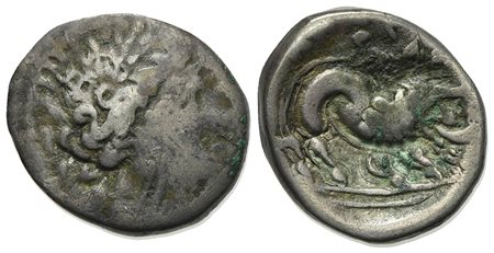 Celtic, Southern Gaul. Insubres, Drachm, 2nd century BC. AR (g 3,00; mm 15; h 3). Imitating Massalia. Wreathed head of female r.; Rv. Lion standing r. BMC 3-6. Near very fine