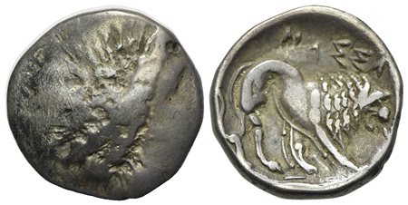 Celtic, Southern Gaul. Insubres, Drachm, 2nd century BC. AR (g 2,84; mm 16; h 2). Imitating Massalia. Wreathed head of female r.; Rv. Lion standing r. BMC 3-6. Near very fine