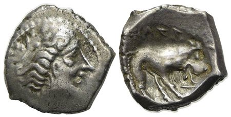 Celtic, Southern Gaul. Insubres, Drachm, 2nd century BC. AR (g 2,82; mm 15; h 6). Imitating Massalia. Wreathed head of female r.; Rv. Lion standing r. BMC 3-6. Near very fine