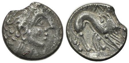 Celtic, Southern Gaul. Insubres, Drachm, 2nd century BC. AR (g 1,78; mm 14; h 12). Imitating Massalia. Wreathed head of female r.; Rv. Lion standing r. BMC 3-6. Edge chipped, near very fine