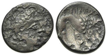 Celtic, Southern Gaul. Insubres, Drachm, 2nd century BC. AR (g 1,39; mm 15; h 6). Imitating Massalia. Wreathed head of female r.; Rv. Lion standing r. BMC 3-6. Metal flaws, good fine