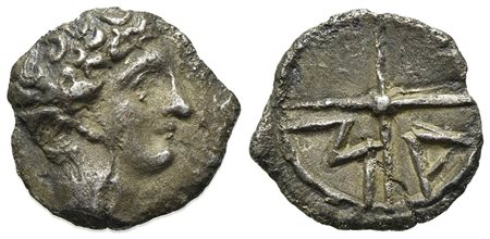 Gaul, Massalia, Obol, ca. 350-215 BC. AR (g 0,65; mm 10; h 12). Bare head of Apollo r.; Rv. M-A, Wheel of four spokes. Depeyrot, Hellénistiques Type 10; SNG Copenhagen 722. Near very fine