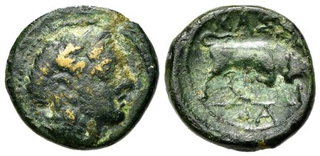 Gaul, Massalia, Bronze, ca. 150-100 BC. AE (g 2,17; mm 15,5; h 4). Laureate head of Apollo r.; Rv. MAΣΣA, Bull butting r.; A in exergue. Depeyrot, Marseille 47. Green patina, near very fine