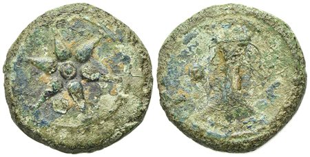 Etruria, Uncertain mint, Uncia, ca. 300-250 BC. AE (g 7.61; mm 21.5; h 12). Wheel with six spokes; pellet within; Rv. Head of labrys; pellet to l., V (Etruscan U) to r. Vecchi, ICC 170b; HNItaly 59. Rare, green patina, good fine