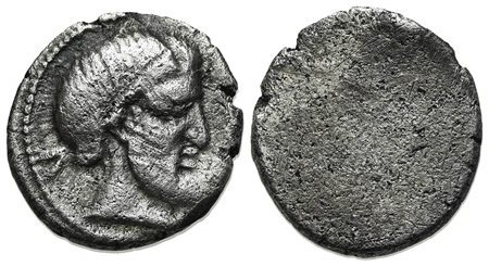 Etruria, Populonia, 5 Asses, 3rd century BC; AR (g 1.94; mm 13). Diademed and bearded head r.; V (mark of value) to l.; Rv. Blank. EC Series 89, 1–55; HNItaly 174. Very fine