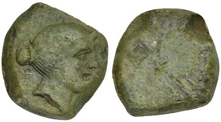 Etruria, Vetulonia, Uncia, 3rd century BC. AE (g 8,21; mm 20; h -). Female head r., hair tied with band and in bun, loop on fore head, Rv. No type. HNItaly 198; Vecchi I.1. Very rare. Untouched green patina and extremely fine.