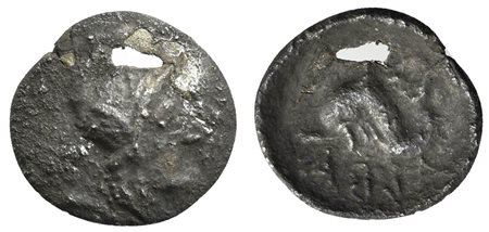 Latium, Alba Fucens, Hemiobol, ca. 280-275 BC. AR (g 0,28; mm 10; h 11). Female head r., wearing Phrygian cap , Rv. ALBA (retrogade), dolphin l. HNItaly 242. Rare. Old cabinet tone, about extremely fine.