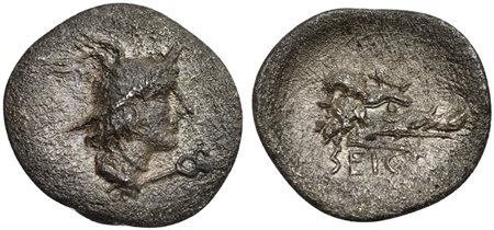 Latium, Signia, Obol, ca. 280-275 BC. AR (g 0,51; mm 11; h 6); Head of Hermes r., wearing winged petasos Rv. Janiform head of Silenos, l., and boar forepart, r.; SEIC below. HN Italy 343; SNG ANS 115. Very rare, porous, very fine