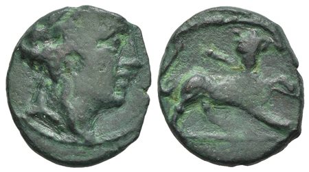 Central Italy, Uncertain, mid-late 1st century BC. AE (g 2.81; mm 15; h 6). Wreathed head of young Dionysus r.; Rv. Panther standing r., head facing, holding thrysus in jaws. HNItaly 2672; SNG Copenhagen 342. Rare, green patina, n