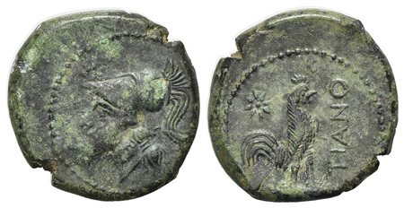 Samnium, Teanum Sidicinum, c. 265-240 BC. AE (g 6,37; mm 20; h 6). Head of Athena l., wearing crested Corinthian helmet, Rv. TIANO, Cock standing r; star to l. HNItaly 453. Rare, very fine