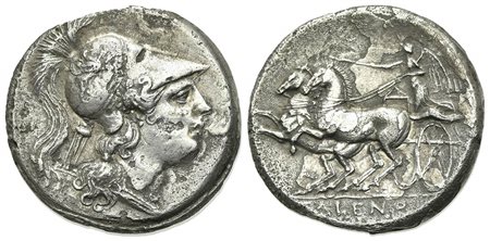 Northern Campania, Cales, Didrachm, ca. 265-240 BC. AR (g 6.89; mm 21.5; h 6). Head of Athena r., wearing crested Corinthian helmet decorated with griffin; tripod behind. Rv. Nike in biga galloping l., holding kentron and reins. H