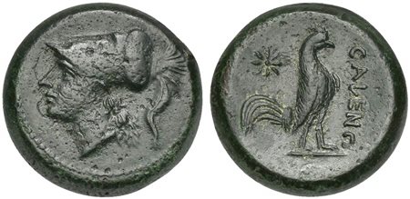 Northern Campania, Cales, ca. 265-240 BC; AE (g 6,56; mm 18; h 9); Helmeted head of Athena l. Rv. CALENO, Cock standing r.; star to l. Sambon 916; HNItaly 435; SNG ANS 188-195. Good very fine