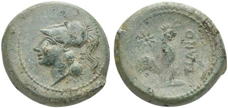 Northern Campania, Teanum Sidicinum, ac. 265-240 BC; AE (g 6,95; mm 22; h 3); Helmeted head of Athena l. Rv. TIANO, Cock standing r.; star above. HNItaly 453; SNG ANS 626. Green patina, very fine