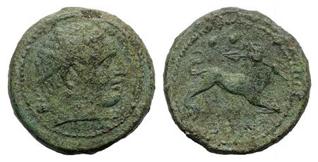 Southern Campania, Capua, Biunx, 216-211 BC; AE (25mm, 11.73g, 6h). Diademed head of Herakles r., club over shoulder; Rv. Lion r., holding spear jaws; two pellets above. HNItaly 489; SNG ANS 208. Green patina, near very fine