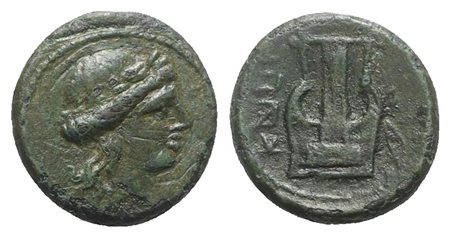 Southern  Campania, Capua, Semuncia, ca. 216-211 BC. AE (g 4.10; mm 16; h 7). Laureate head of Apollo r. Rv. Lyre. HNItaly 499; SNG ANS 222. Green patina, light marks, good very fine