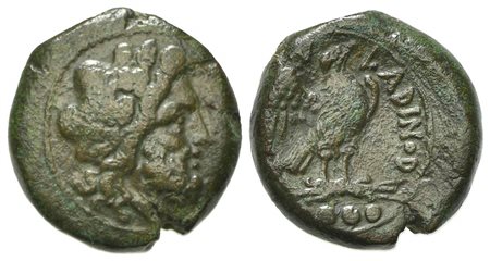 Eastern Italy, Larinum, Quadrunx, ca. 210-175 BC. AE (g 8.93, mm 20, h 1). Laureate head of Zeus r.; Rv. LADINOD, Eagle standing r. on thunderbolt, with wings spread; three pellets in exergue. HNItaly 626; SNG ANS 135-6. Very fine