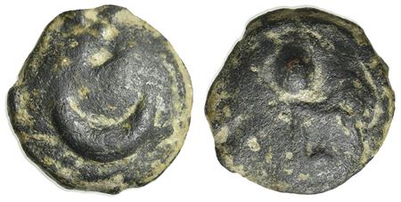 Northern Apulia, Luceria, Semuncia, ca. 225-217 BC. Cast AE (g 8,97; mm 19,5; h 3). Crescent; Rv. Filleted thyrsos. Vecchi ICC, 343; HNItaly 675. Green patina, very fine