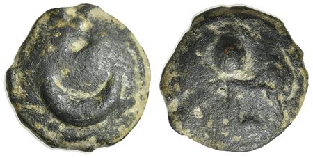 Northern Apulia, Luceria, Semuncia, ca. 225-217 BC. Cast AE (g 8,97; mm 19,5; h 3). Crescent; Rv. Filleted thyrsos. Vecchi ICC, 343; HNItaly 675. Green patina, very fine