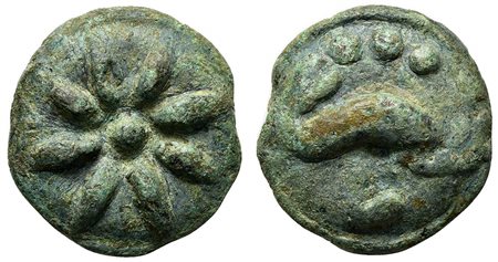 Northern Apulia, Luceria, Teruncius, ca. 217-212 BC. Cast AE (g 27,17; mm 27). Star of eight rays on a raised disk; Rv. Dolphin r.; three pellets above, L below; all on a raised disk. Vecchi, ICC, 347; HNItaly 677c. Green patina, 