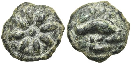 Northern Apulia, Luceria, Teruncius, ca. 217-212 BC. Cast AE (g 31,74; mm 29,5; h 12). Star of eight rays on a raised disk; Rv. Dolphin r.; three pellets above, L below; all on a raised disk. Vecchi, ICC, 347; HNItaly 677c. Green 