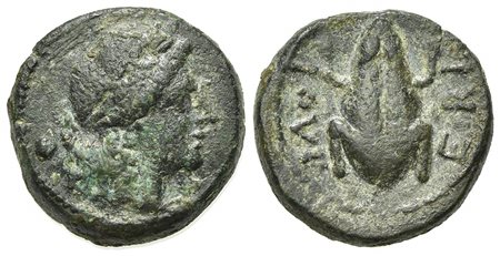Northern Apulia, Luceria, Uncia, ca. 211-200 BC. AE (g 3,75; mm 15; h 4). Laureate head of Apollo r.; pellet behind; Rv. LOVCERI, Frog. HNItaly 682; SNG ANS 709. Green patina, very fine