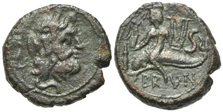 Southern Apulia, Brundisium, Semis, ca. 2nd century BC. AE (g 8.59; mm 22; h 5). Wreathed head of Neptune r.; to l., Victory, crowning him with wreath; trident behind; Rv. BRVN, Phalanthos, holding Victory who crowns him with wrea