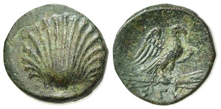 Southern Apulia, Sturni, Bronze, ca. 250-210 BC. AE (g 1,98; mm 14; h 6). Cockle shell; Rv. ΣTV, Eagle, wings spread, standing r. on thunderbolt. HNItaly 823; Weber 510. Extremely rare, very fine