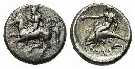 Southern Apulia, Tarentum, Nomos, ca. 380-340 BC. AR (21mm, 7.60g, 11h). Warrior, wearing helmet and holding shield and rein, on horseback l.; Δ below; Rv. Phalanthos, holding kantharos, on dolphin l.; below, retrograde E above do