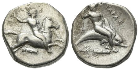 Southern Apulia, Tarentum, Nomos, ca. 380-340 BC. AR (g 7,68; mm 21; h 12). Horseman galloping r., raising whip; ΘPA below; Rv. Phalanthos on dolphin r., holding trident, aiming at cuttlefish below; ΘPA below. Vlasto 396; HNItaly 