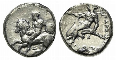 Southern Apulia, Tarentum, Nomos, ca. 380-340 BC. AR (19.5mm, 7.66g, 12h). Nude warrior on horseback l., holding spear, shield on l. arm; Δ below; Rv. Phalanthos riding dolphin l., holding trident; below, K above waves. Vlasto 444