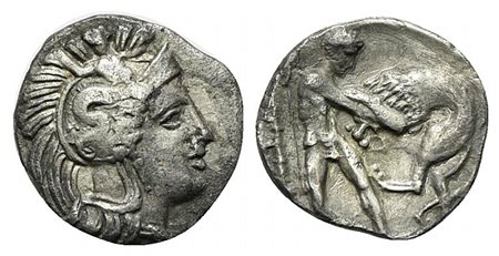Southern Apulia, Tarentum, Diobol, ca. 380-325 BC. AR (g 0,76; mm 10; h 3). Helmeted head of Athena r., helmet decorated with Skylla; Rv. Herakles standing r., strangling Nemean Lion; club to l. Vlasto 1247ff.; HNItaly 914. Good v