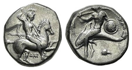 Southern Apulia, Tarentum, Nomos, ca. 332-302 BC. AR (19mm, 7.80g, 1h). Warrior, holding shield and two spears, preparing to cast a third, on horseback r.; ΔAI below; Rv. TAPAΣ, Phalanthos, holding trident over shoulder and shield