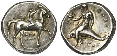 Southern Apulia, Tarentum, Nomos, ca. 302-280 BC. AR (g 7,84; mm 21; h 12). Youth riding and crowning horse r.; behind, ΣA; below, ΛPE / ΘΩN, Rv. TAPAΣ, dolphin rider l., holding tripod; below CAΣ. Vlasto 666; HNItaly 957. Cabinet