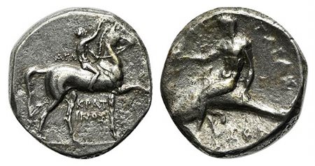 Southern Apulia, Tarentum, Nomos, ca. 302-280 BC. AR (g 7,83; mm 21; h 3). Youth on horseback r., crowning horse; AΓΩ to l., KPAT/INOΣ below; Rv. TAPAΣ, Phalanthos, holding kantharos, riding dolphin l.; ZOP below. Vlasto 677; HNIt