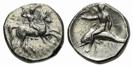 Southern Apulia, Tarentum, Nomos, ca. 302-280 BC. AR (g 7,75; mm 21; h 5). Warrior on horseback r., holding shield and two spears, preparing to cast a third; Rv. Phalanthos, holding dolphin, astride dolphin l. Vlasto 692–3; HNItal