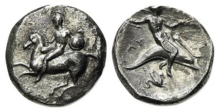 Southern Apulia, Tarentum, Nomos, ca. 280 BC. AR (g 7,36; mm 20; h 6). Warrior, holding shield and rein, on horseback l.; Rv. Phalanthos, holding trident, on dolphin r.; ΛY to l.; below, hippocamp r. Cf. Vlasto 699; HNItaly 968. N