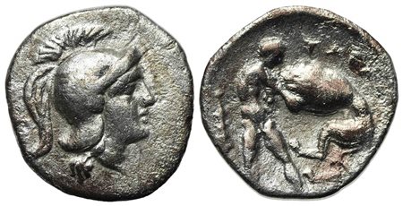 Southern Apulia, Tarentum, Diobol, ca. 325-280 BC. AR (g 0,84; mm 12; h 3). Head of Athena r., wearing crested Attic helmet; Rv. TAP, Herakles standing facing, strangling the Nemean Lion to r.; club to l., letter(?) between legs. 