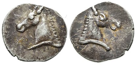 Southern Apulia, Tarentum, 3/4 obol, ca. 325-280 BC. AR (g 0,48; mm 9,5; h 12). Horse's head l. R/ Horse's head r. HNItaly 981. Good very fine