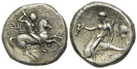 Southern Apulia, Tarentum, Nomos, ca. 272-240 BC. AR (g 6.97; mm 19; h 5). Warrior, holding shield and two spears, preparing to cast a third, on horseback r.; ΔI to l., APIΣTO/KΛHΣ below; Rv. Phalanthos astride dolphin l., holding