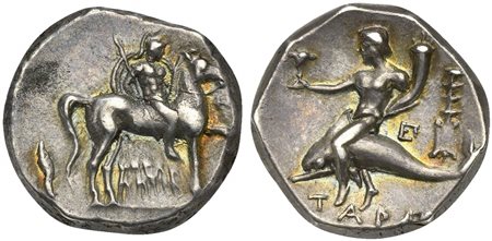 Southern Apulia, Tarentum, Nomos, ca. 272-240 BC; AR (g 6,36; mm 19; h 9); Helmeted warrior on horseback r., holding lance and shield; I-HPAK/ΛHTOΣ in two lines below; Rv. TAP[AΣ], Phalanthos astride dolphin l., holding flower and