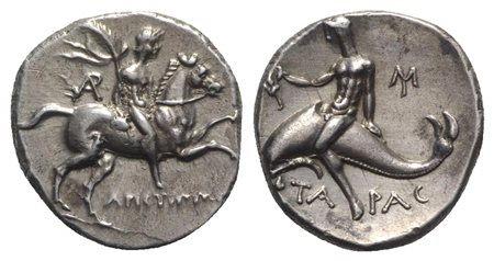 Southern Apulia, Tarentum, Nomos, ca. 240-228 BC. AR (g 6,63; mm 21; h 12). Aristippos, magistrate. Nude rider, holding filleted palm, on horseback r.; monogram to l., APICTIΠΠ[OC] below; Rv. TAPAC, Phalanthos, holding kantharos, 