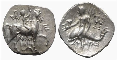 Southern Apulia, Tarentum, Nomos, ca. 240-228 BC. AR (g 6,61; mm 20; h 5). Philokles, Le..., and Arn..., magistrates. Rider on horseback r., holding reins and crowning horse with wreath; monogram to l. and r.; below, ΦΙΛΟ / ΚΛΗΣ o